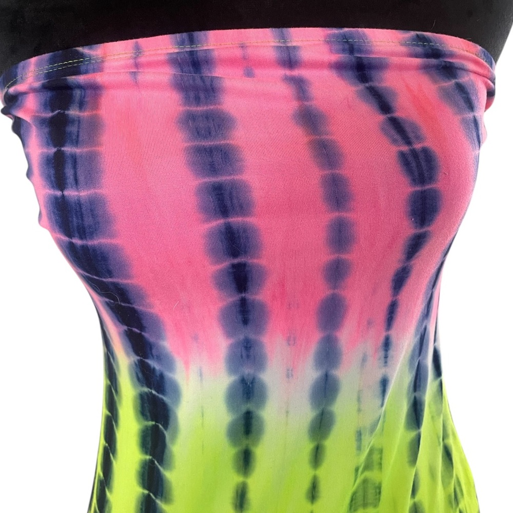 Women's Color Block Tie die Mini Dress, pink neon yellow, black,Medium - Picture 6 of 10